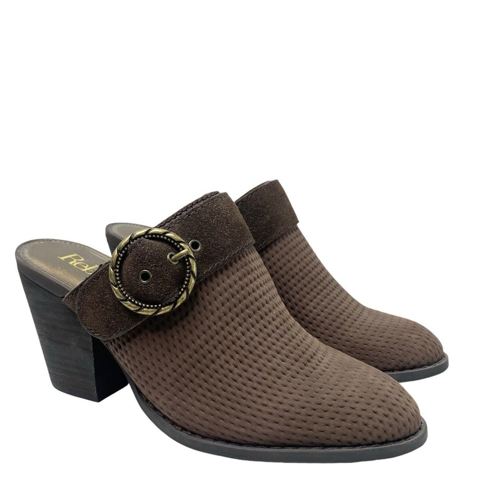 Reba Womens Size 7 Kaelyn Suede Leather Textured Slide Mule Booties Buckle Brown - Picture 2 of 12